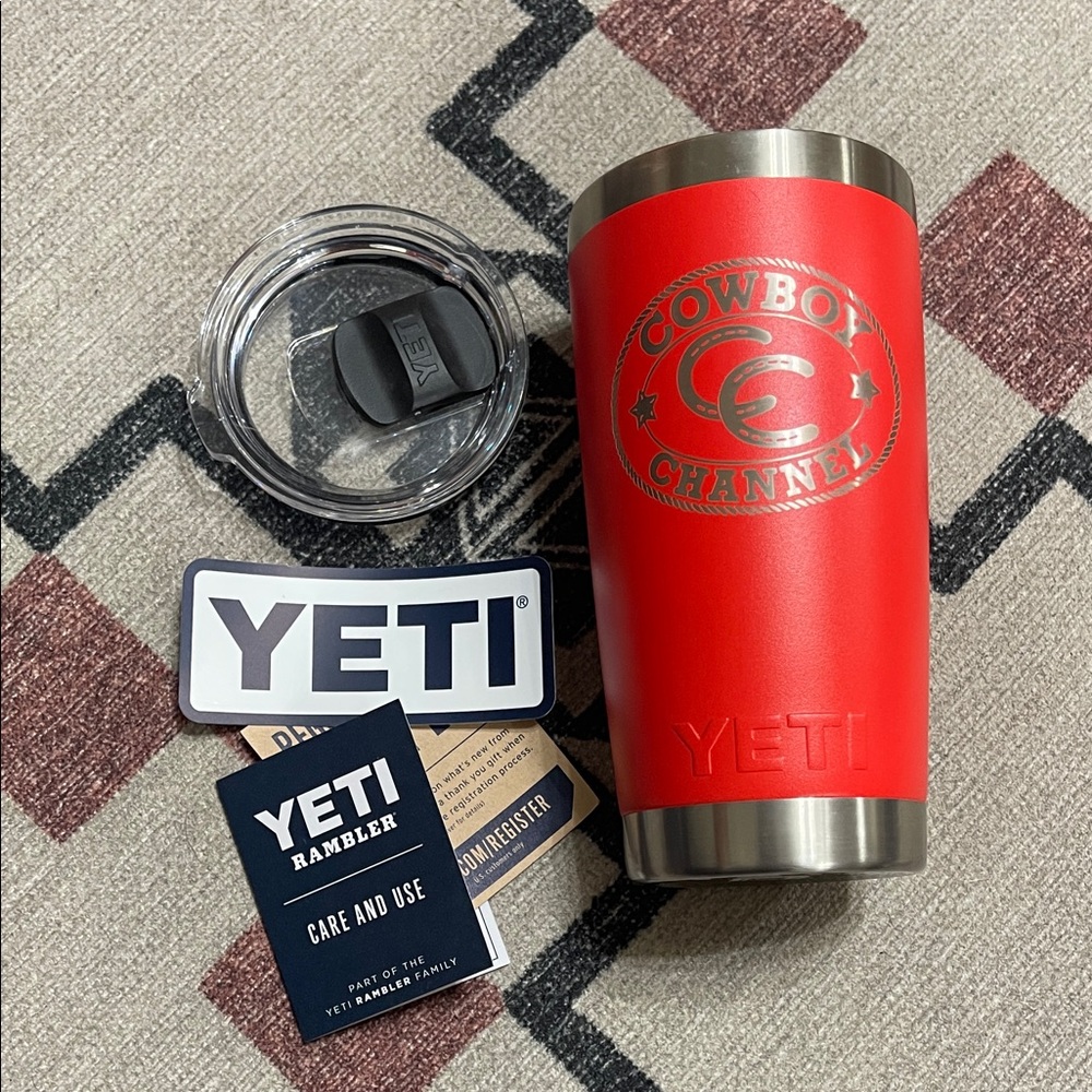 YETI Red Tumbler with Cowboy Channel Emblem - new